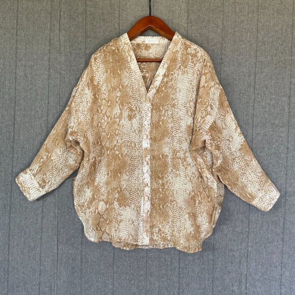 Monday  Barcelona 100%  Linen Tan Snake Print Long Sleeve Oversized Tunic Top - Picture 1 of 10